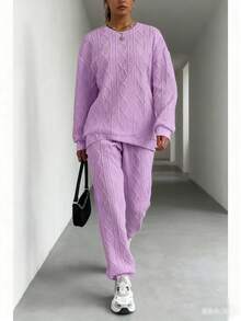 Autumn And Winter European And American Women's Clothing, New Ribbed Jacquard Trousers Casual Two-Piece Suits, Casual And Fashionable, Versatile, The First Choice For Sports And Shopping, Economical And Affordable, Light, Comfortable And Soft, Personalized Niche Design - 紫色 - 查看 5