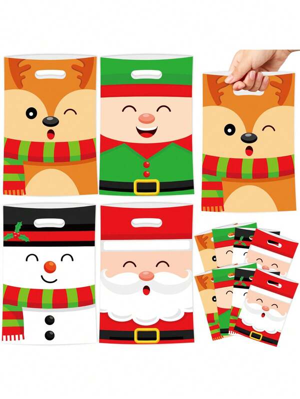 30PCS Christmas Goodie Bags 6.5 X 9.8 Inch Can Be Reused Santa Claus Plastic Party Favor Bag With Handle Christmas Snowman Reindeer Treat Candy Bags For Xmas Winter Holiday Party Favors Supplies