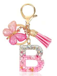 Personalized Bling Monogram Keychain Women - Resin Letter Charm With Silvery Glitter, Pink Pebble & Gold Shaker - Birthday Gifts Her, Anniversary Present With Pink Tassel & Accent Car Accessories Bag Charm School Cute Goth Y2k - 粉色 - 查看 6