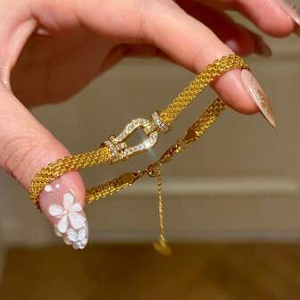 18K Gold Plated Vintage Horseshoe Zirconia Decor Adjustable Bracelet For Women