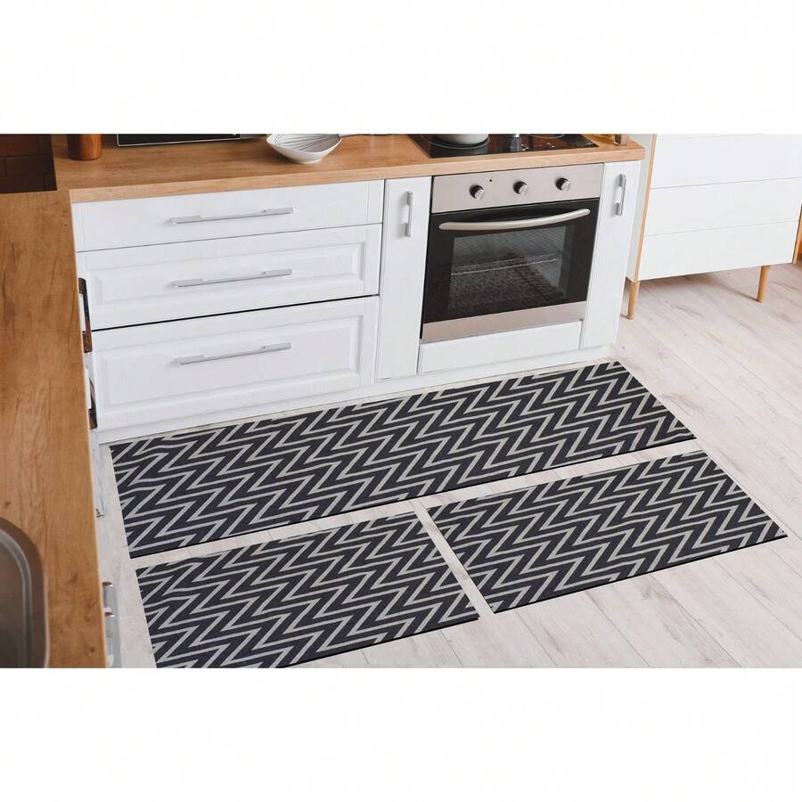 3-Piece Decorative Non-Slip Kitchen Runner Set - 黑與白 - 查看 1