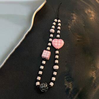 1 pieza Cordón versátil para teléfono, llavero, colgante de dibujos animados, llavero, llavero de coche, decoración colgante para mochila de pareja con estampado de cuadros, corazones y estrellas