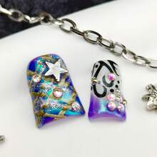 10pcs Pure Hand-Wom Nail,Cyberpunk Y2K Glam Stiletto Press - On Nails | Blue - Purple Ombre With Metallic Silver, 3D Metal Star & Heart Charms, Aurora Rhinestones & Iridescent Gems | Shimmer Finish Fake Nails - Perfect For Halloween Festivals, Clubbing & Edgy Street Style - 藏蓝色 - 查看 7