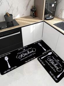 1/2 Pc Black Text & Kitchenware Printed Soft Crystal Velvet Non-Slip Doormat, Suitable For Living Room, Dining Room, Bedroom - Multicolor - View 6