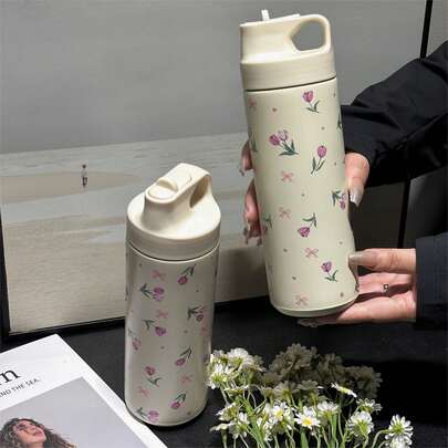 1 garrafa de água isolada a vácuo de aço inoxidável de 550 ml/18,6 oz, com tampa flip à prova de vazamentos, caneca de viagem com padrão de laço e tulipa - adequada para academia, atividades ao ar livre, uso no carro, lavagem à mão, reutilizável, presente para mulheres e meninas, padrão divertido, garrafa de água esportiva