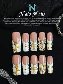 NAIO Bộ sưu tập móng tay nghệ thuật thủ công cao cấp Pring And Summer, móng giả hình chữ nhật dán sẵn, bao gồm đầu móng kiểu Pháp màu trắng được trang trí bằng hoa hồng vàng 3D, biểu tượng thánh giá vàng, hạt thép vàng và đá ngọc trai, dụng cụ làm móng được thiết kế đặc biệt dành cho phụ nữ và các cô gái, 10 chiếc mỗi bộ, thích hợp cho các bữa tiệc, lễ kỷ niệm, sử dụng hàng ngày và là món quà tuyệt vời dành cho phụ nữ và các cô gái. - Nhiều màu - Xem 4