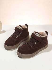 Children's Winter Boots, Brown Suede High-Top Snow Boots, Suitable For Boys And Girls, Warm-Foamed Ankle Boots With Laces And Hook And Loop, Non-Slip Rubber Sole, Waterproof And Windproof, Stylish Casual Shoes Perfect For Cold Days, Outdoor Activities, School, And Daily Wear, With A Comfortable And Durable Design To Keep Little Feet Warm And Protected In Winter.