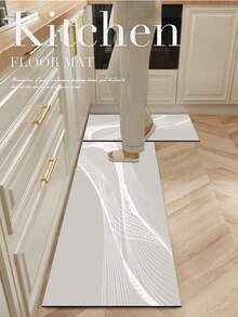 1 pezzo Tappetino da cucina in gel di silice, sfondo grigio chiaro con motivo a linee curve bianche, che presenta un effetto visivo liscio e dinamico, design minimalista ma elegante