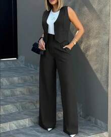 Trousers Suit Women's Vest Trousers Suit Elegant Loose Regular Work Suit High Waist Wide-Leg Trousers 2-Piece Street Suit - 黑色 - 查看 12
