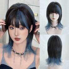 NAMM 16-Inch Premium Highlight Bule Wolf Cut Short Wig For Women Natural Looking Fluffy Very Soft Synthetic Heat Resistant Fiber Hair, Full Machine Beautiful Curly Wig For Girls Daily,Halloween Wig, Music Festival Party Street Wear, Cosplay Anime Or Costume Use(Natural Layered Texture & Lightweight) - Làm nổi bật màu xanh - Xem 10