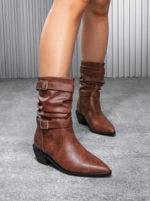 Women's New Fashion Mid-Calf Boots, Autumn/Winter New Wide Shaft Buckle Motorcycle Boots, Vintage Wedge Heel Riding Boots, Internal Heightening Mid-Calf Pleated Boots, Mid-Heel Pointed Toe Slip-On Boots, Western Style Buckle Festival Party - Brown - View 5