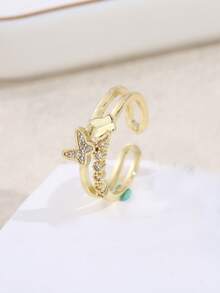 1pc Hollow Butterfly Double Layer Ring, Dainty Rhinestone Inlaid Adjustable Open Ring For Women