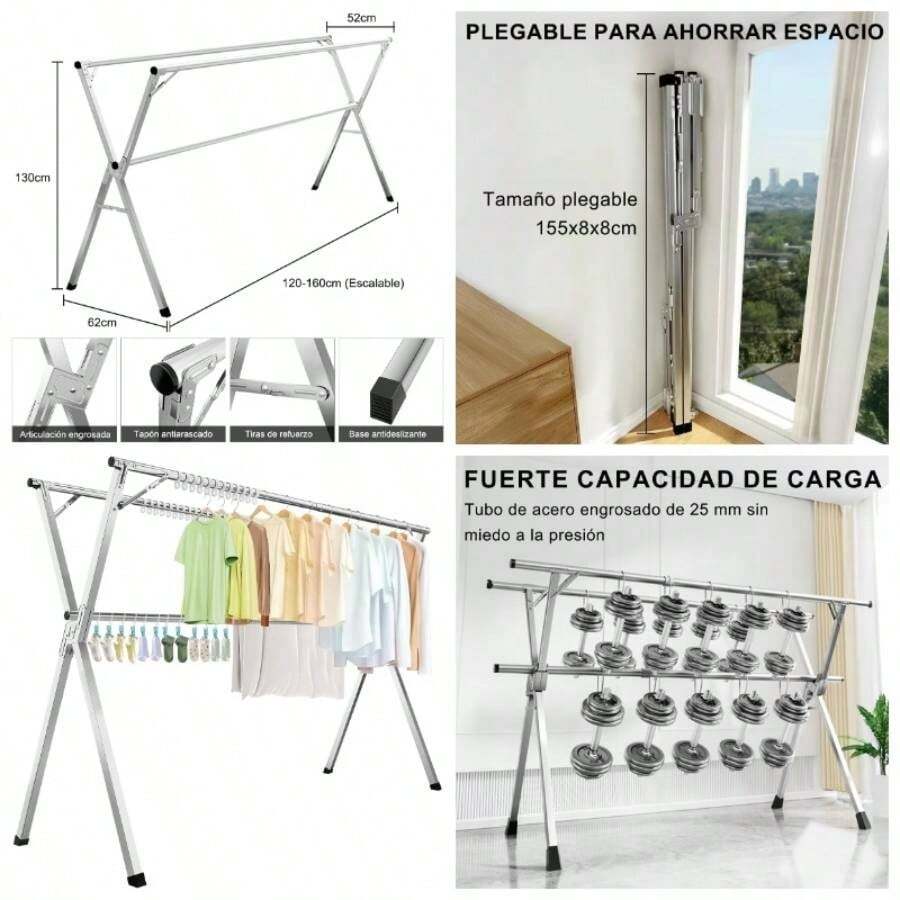 1.6 Tendedero Plegable de Ropa con 30 Ganchos y 12 Pinzas, Tendedero de Ropa de Acero Inoxidable Retrctil y Plegable para Interior y Exterior, Secador con Tubera Reforzada Ahorra Espacio - Plata - Ver 1