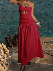 Onicee 夏季连衣裙，红色浪漫情人节套装，时尚女士纯色波西米亚风无肩带镂空A字度假派对连衣裙，适合情人节、约会、聚会、派对、旅行、度假、海滩等场合。 - 紅色 - 查看 4