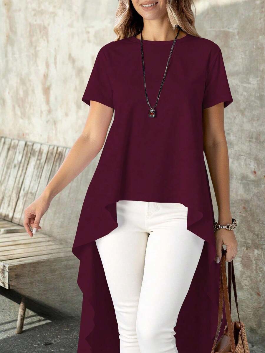 Blusa casual para mujer asimétrica diseño High Low tela lisa holgada cuello redondo manga corta primavera verano ocasiones versátiles blusa larga - Rojo violeta - Ver 1
