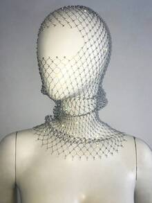 闪亮水钻装饰女士帽子镂空渔网孔全脸面罩头巾帽子派对、学校