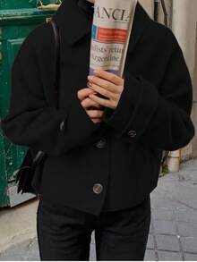 女士休闲简约纯色前扣翻领长袖韩版大衣，日常休闲 - 黑色 - 查看 3