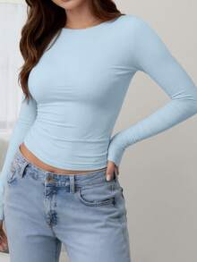 Áo thun nữ tay dài cổ tròn dáng ôm vừa vặn, thích hợp mặc mùa xuân - Màu xanh nhạt - Xem 5