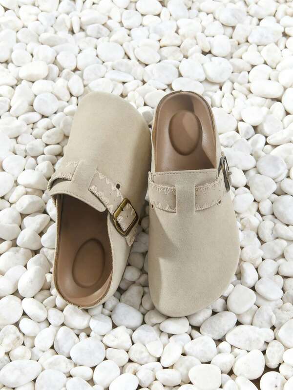 Zapatos planos sin cordones para mujer, sandalias con suela gruesa y hebilla de moda, con puntera redonda y decoración de hebilla cuadrada, adecuados para vacaciones y uso en la playa, mocasines casuales