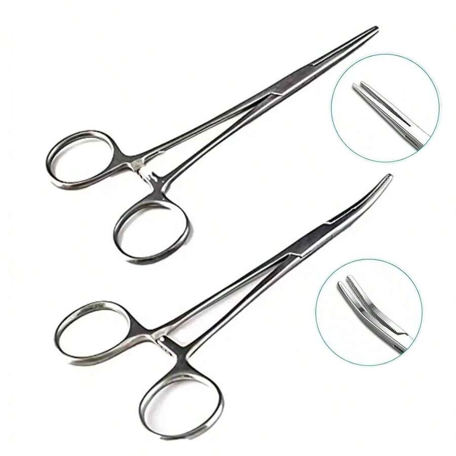 2pcs Professional Stainless Steel Tweezers - Precision Straight/Curved Tip Hemostatic Forceps, Suitable For Fishing, Pet Grooming And Outdoor Use - Metal Pliers, No Electricity Required - Silver - View 1