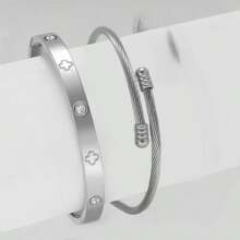 高品质不锈钢花朵金手链套装，含水钻、钉子、腰带和四叶草手链 - 麻花線銀色 - 查看 1