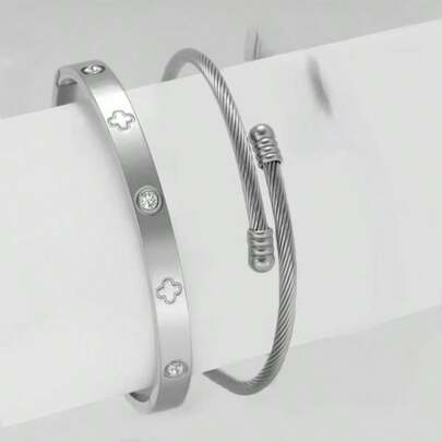 高品质不锈钢花朵金手链套装，含水钻、钉子、腰带和四叶草手链