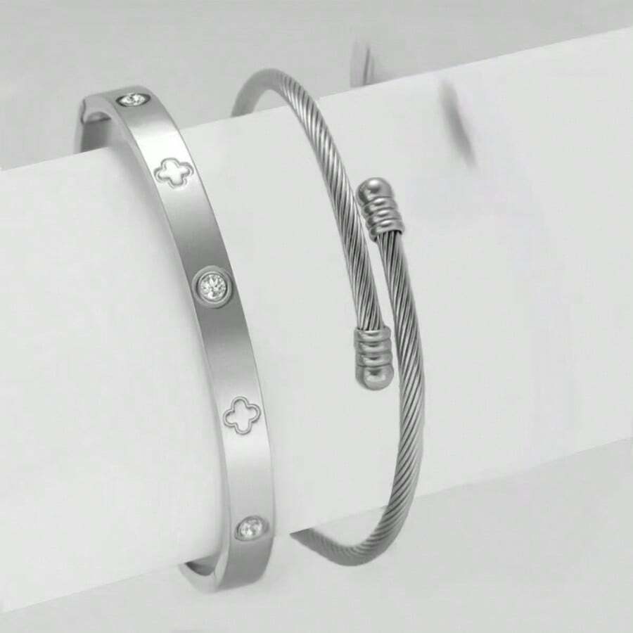 高品质不锈钢花朵金手链套装，含水钻、钉子、腰带和四叶草手链 - 麻花線銀色 - 查看 1