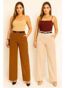 Kit Of 2 Women's Tailored Wide Leg Pants With Belt - Beige / Caramel - View 2