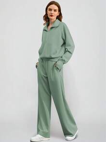 Women 2 Piece Outfits Sweatsuit Set 2025 Activewear Workout Fall Oversized Half Zip Sweatshirt Sweatpant Lounge Set Tracksuits - 綠色 - 查看 4