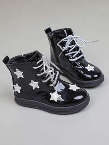 1 Pair Girls' New Five-Pointed Star Decor Flat Bottom Boots, Shock Absorption Anti- Infant Boots, Fashion Versatile Side Zipper Children Outdoor Ankle Boots, Suitable For Autumn/Winter - Black - View 4