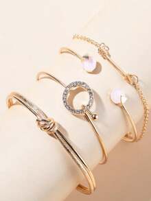 4pcs Minimalist Elegant Luxury Personalized Knotted, Circular, Rhinestone, Arrow Multi-Element Bracelet Set, Suitable For Women's Daily Wear (Avoid Contact With Water)