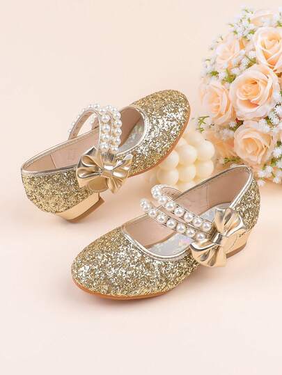 Faux Pearl Dance Shiny Glitter Mary Jane Ballet Princess Shoes, Girls Fashion Comfortable Casual Gold Bowknot Heels Suitable For Seasons, Holidays, Weddings, Parties, Performances, Fits Toddler, Little & Big Girls