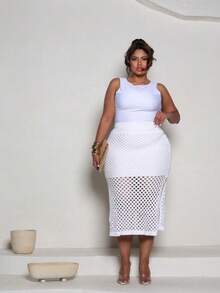 Plus Size Midi Skirt With Openwork Fabric In Modal Knit, Elegant, Casual - Off - View 4