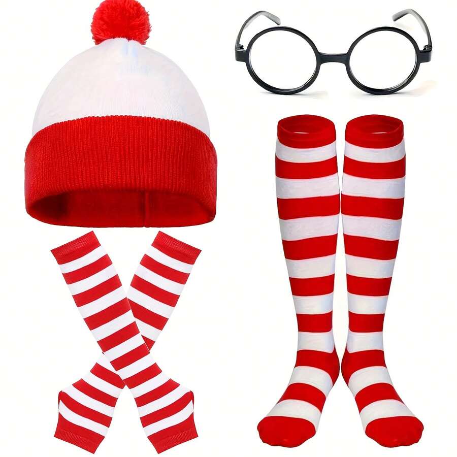 4pcs Women's Red And White Striped Clothing Accessory Set, Holiday Christmas And Halloween Party Costumes, With Christmas Hat, Stockings And Round Glasses, Polyester And Spandex, Perfect For Holiday Celebrations, Christmas Events, Parties, Parties, Dances.
