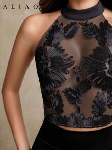 Aliao 花卉钩编网纱刺绣优雅3D透视吊带背心，性感女式上衣，夏季服装，浪漫婚礼季，花卉图案上衣，端庄上衣，新年装扮