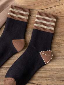 1/5/10 Pairs Women's Calf-Length Socks, Thermal Lined Socks, Striped Pattern, Women's Thick And Warm Socks, Student Socks, Couple Socks, Long Socks, Women's Socks, Suitable For Winter Daily Wear, Office, Home, Sports