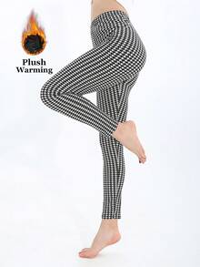 Colanți pentru femei, cu căptușeală termică, alb-negru, la modă europeană și americană, casual, minimalist, elegant, cu elasticitate ridicată, călduroși, strâmți, cu imprimeu Houndstooth, potriviți pentru acasă, antrenament, yoga, fitness, plimbări în aer liber, petrecere, cadou, toamnă/iarnă - alb - Vizualizare 4