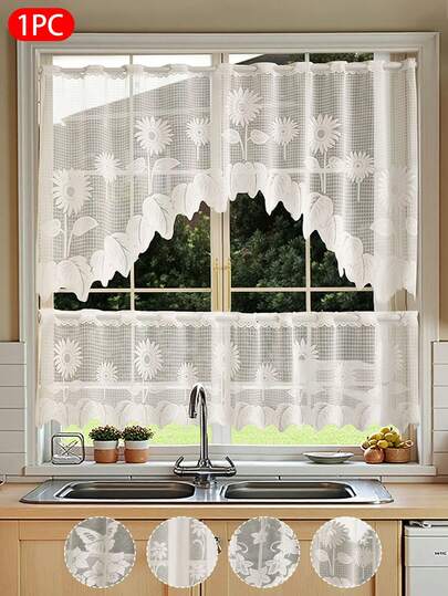 1 pieza Cortina semitransparente blanca de 2 piezas de encaje ligero con patrón de flores y mariposas - Cortina media, diseño de bolsillo para barra, adecuada para dormitorio, sala de estar, cocina, baño y decoración de armario, cortina de sala de estar | Decoración de habitación