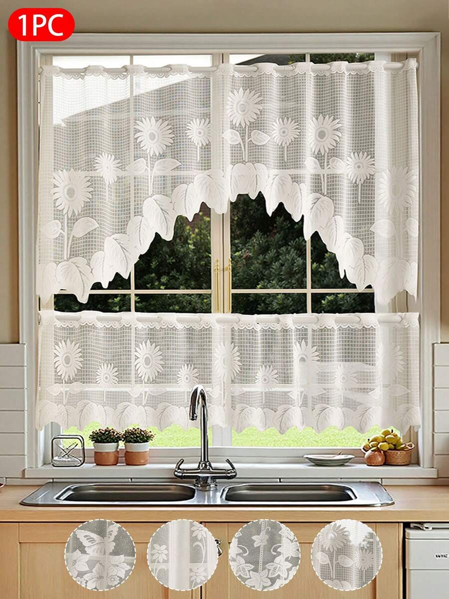 1 Stücke weiße 2 Stücke leichte transparente Spitzenvorhänge mit Blumen- und Schmetterlingsmuster - halbtransparenter Vorhang, Gardinenaufhängung, geeignet für Schlafzimmer, Wohnzimmer, Küche, Bad und Kleiderschrank Dekoration, Wohnzimmervorhang | Raumdekoration - Verschiedenfarbig - Übersicht 1