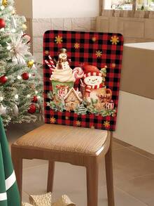 1 teiliges Set, Restaurantstuhlbezug, schwarz-rotes kariertes Weihnachts-Serienmuster für Stuhlbezug, Cartoon Weihnachtsszene mit Schneemann und Weihnachtsbaum Muster, abnehmbare Stuhlbezüge für Küche, Restaurant, Party.