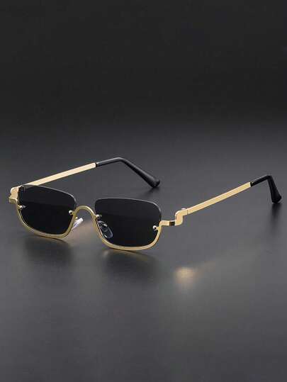 feye 1pc Men's Square Metal Half-Rim Glasses, Gold Vintage Casual Hip-Hop Y2K Summer Travel Essential Accessory