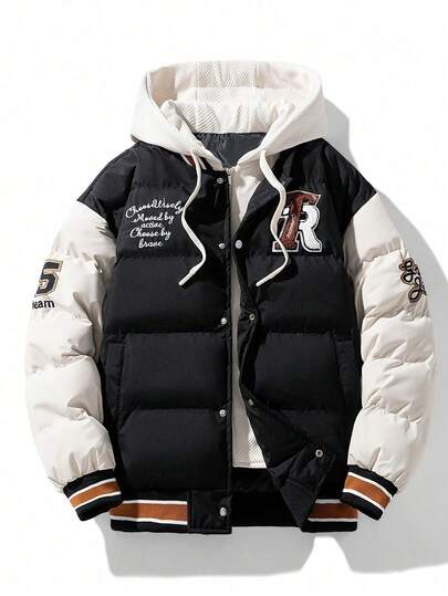 Teen Boys Casual Fashion Minimalist Contrast Color Letter Embroidery Patch Drawstring Hoodie Sweatshirt