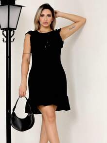 Women's Midi Dress With Frills And Puffer Sleeves, Princess Plus Size - màu đen - Xem 2