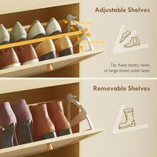 HOMCOM Boho Rattan Shoe Cabinet With 3 Flip Drawers And Adjustable Shelves, Narrow Shoe Storage Cabinet, Holds 18 Pairs For Entryway, Hallway, Oak - Khaki - View 6