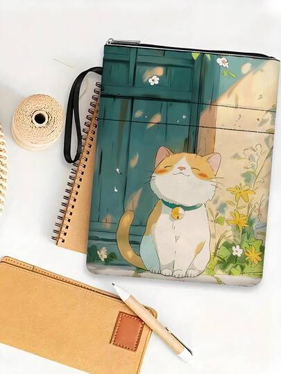 1pc Lazy Cat Themed Zippered Book Cover With Front Pocket, Soft Paperback Book Protector, Washable Book Sleeve Bag, Multifunctional Book Storage Bag Suitable For School, Students, Teachers, Book Lovers