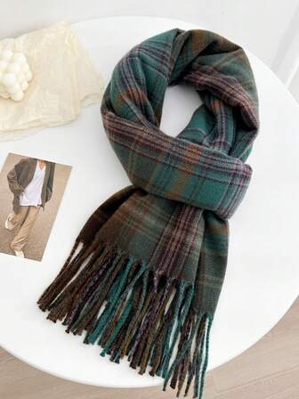 1 Pc Plaid Pattern Imitation Cashmere Scarf/Shawl, Color Blocking, Windproof And Warm, Suitable For Autumn And Winter