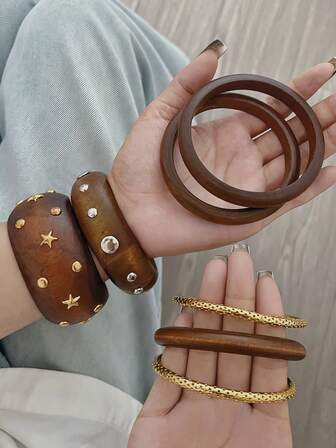 7/1pc Women Bohemian Vintage Wood & Metal Rivet Star Bangle Bracelet Set, Minimalist Plain Textured Gold-Tone Handmade Natural Wood Grain Stacking Bracelets, Suitable For Holiday, Party, Vacation, Daily Outfit, Gift