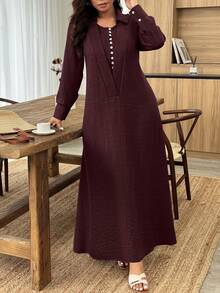 UrbanChic 腰线双层门襟超大开衩裙摆长连衣裙，适合返校、外出、浪漫假日、夏季假日、婚礼及活动、度假、海滩、春假等场合。 - 酒紅色 - 查看 3