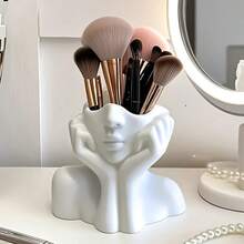 Makeup Organizer Makeup Brush Holder, Plastic + PP Material, Creative Abstract Human Face Sculpture Makeup Brush Holder, Home Decor, Makeup Brush Storage Box + Multi-Functional Art Supplies Pen Holder For Office Desk, Suitable For Office, Home, Living Room, Vanity, Tabletop, Bathroom, Desk, Desktop Storage, Versatile Gift For Family, Colleagues And Loved Ones, White, Makeup Organizer, Vase, Bouquet (12.5*11.5*8.5)