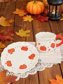 1 conjunto criativo minimalista pintado à mão com design assimétrico de abóbora, xícara de café de cerâmica e pires, ideal para presente de Halloween